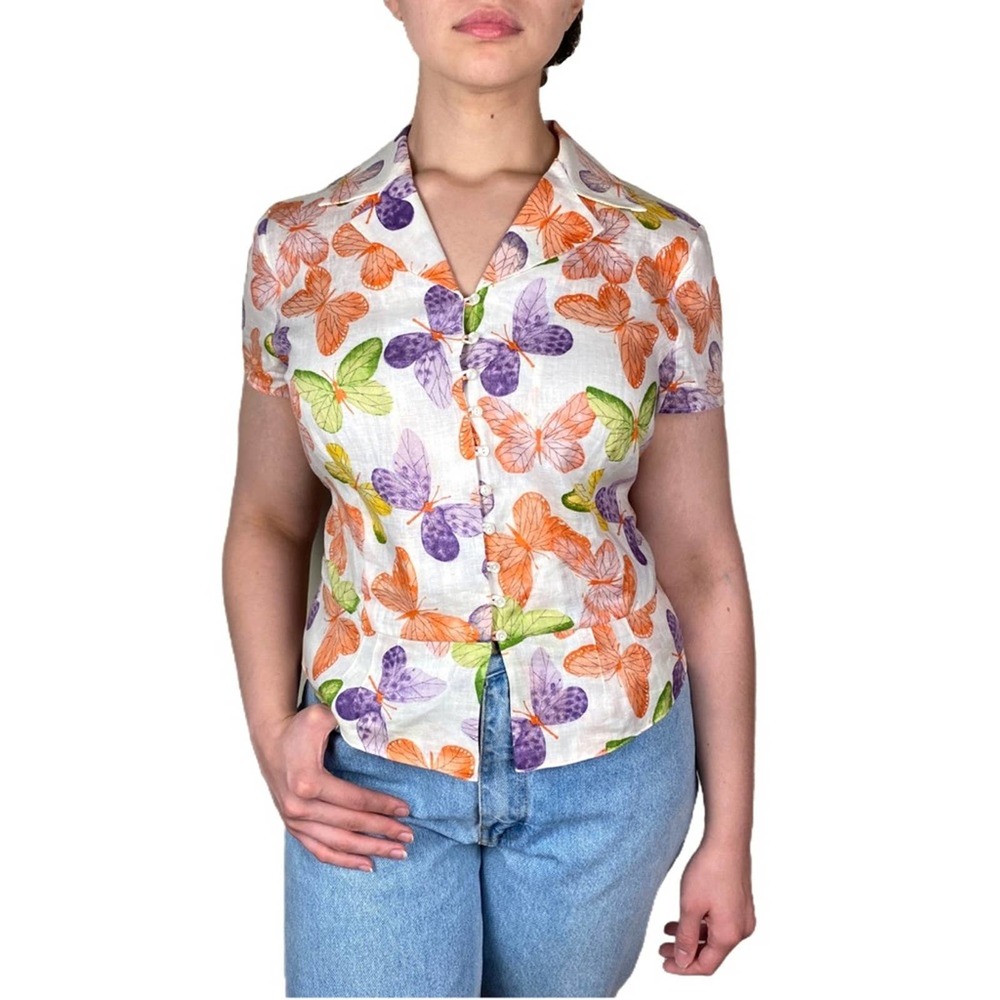 Vintage Liz Claiborne Sz 8 100% Linen Butterfly Print Split Hem Button Blouse